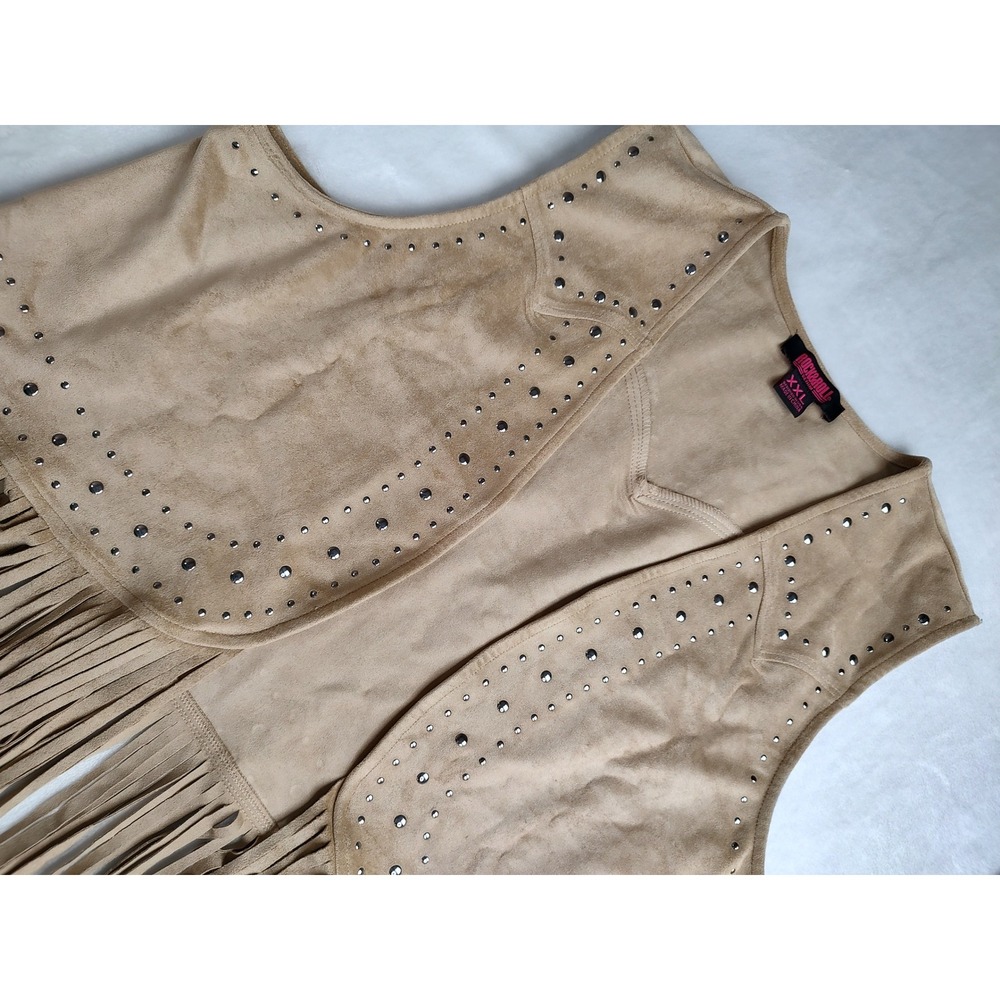 Rock and Roll Denim Studded Fringe Vest Tan Suede Look Women's XXL - Picture 1 of 10